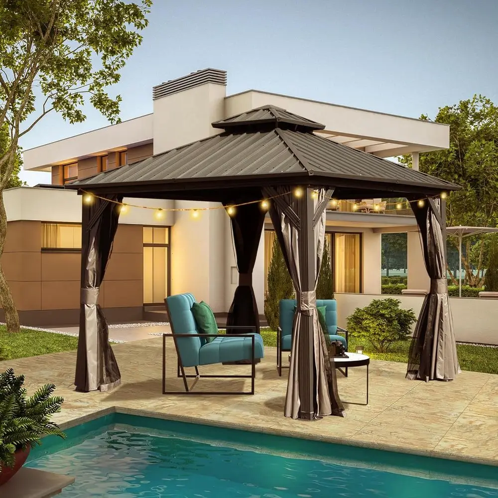 

8' x 8' Metal Gazebo with Galvanized Steel Frame, Double Roof, Curtains, and Netting for Outdoor Dining, Weddings, and Backyard