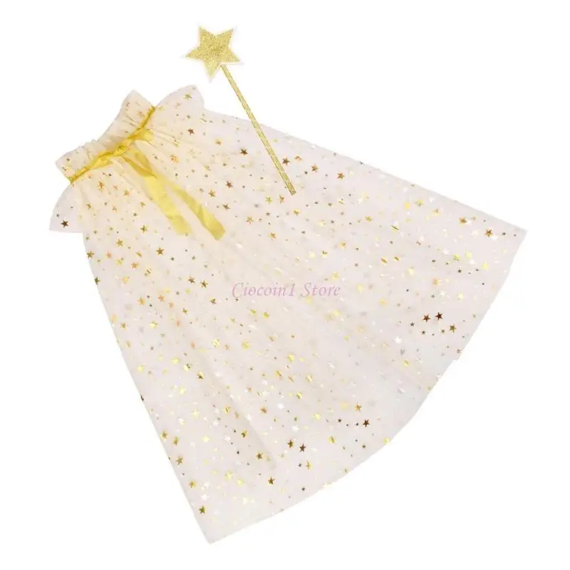 Y1UB 2PCS Star Wand e Sheer Cape for Kids Infants Girls Tulle Cloak & Star para festas conto e fingimento