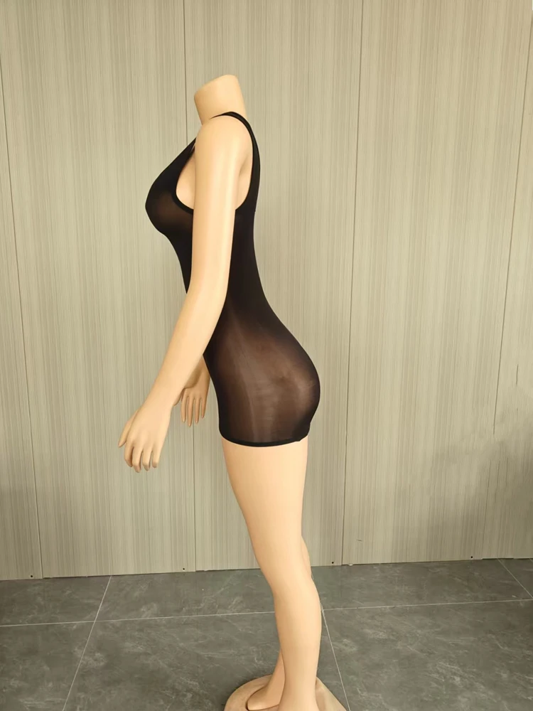JENYAGE Sexy glänzendes, transparentes Tank-Minikleid für Damen, Stretch-Mesh, figurbetont, für Nachtclubs, ärmellos, mit Rundhalsausschnitt, durchsichtiges Partykleid – Detail 4