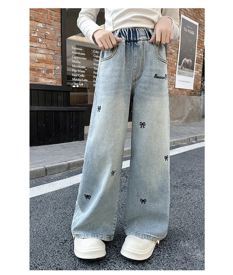 5-14 Jahre Frühling Herbst Mädchen-Jeans, modische Retro- und Vintage-Hose mit fünfzackigem Sternmuster und Stickerei, weit geschnittene Hose für Teenager-Mädchen – Detail 32