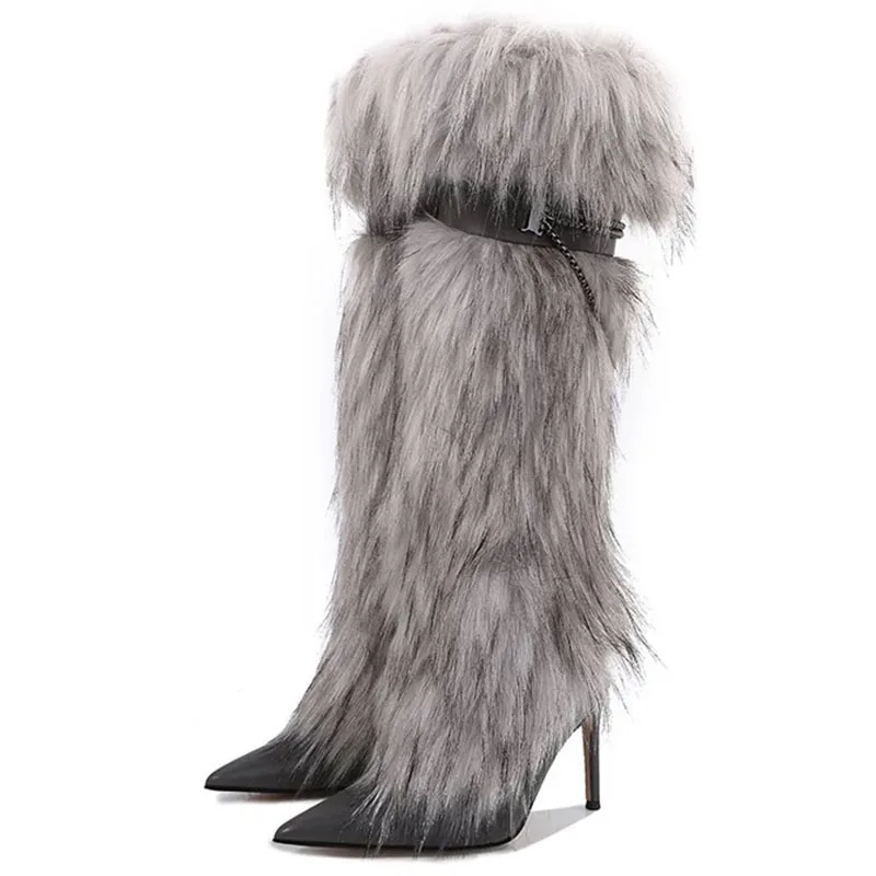 2025 New in Pink Fur Padlock Shark Boots Black/White Chunky Heel Leather Pointed Toe Mid Calf Boots Women's Sexy Luxury Shoes