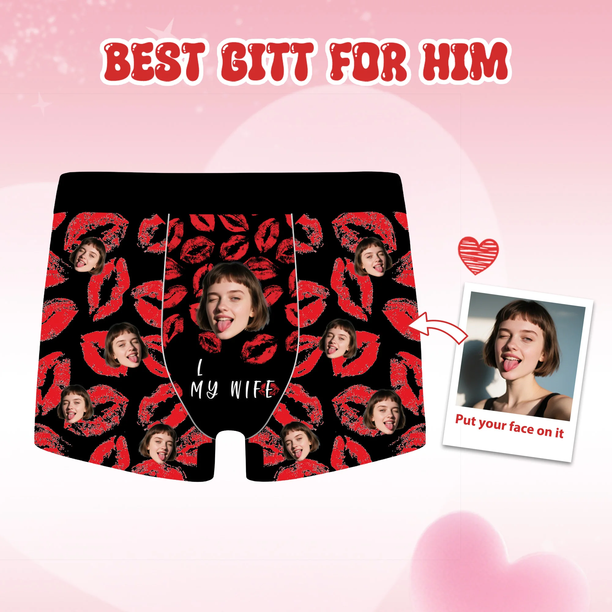 

Personalized Men's Underwear Custom Funny Face Photo Boxer Briefs with Red Lips for Boyfriend Husband Anniversary Birthday Gifts