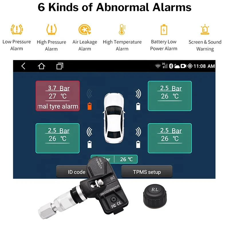 Car Auto Tire Pressure USB TPMS   Alarm Security Internal Sensors for car dvd Player Navigation