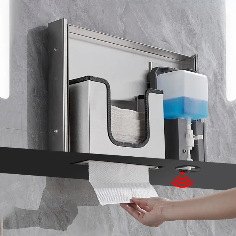 

mirror back suction box, induction soap dispenser, hidden tissue holder under commercial mirror cabinet, concealed hand