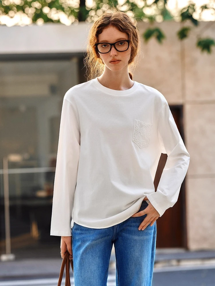 

OLrain Beige Long Sleeve T-Shirt Women 2025 Autumn Minimalist Top Embroidered Detail French Casual Elegant Style Tee O57QT95835