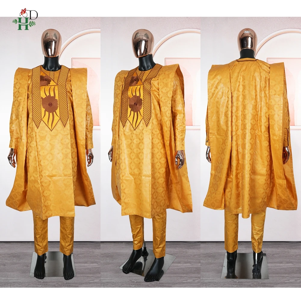 African Clothes Men Native Wear Formal Traditional Embroidery Bazin Riche Dashiki Yellow Shirt Pants 3PCS Bubu Dress Suit 2025