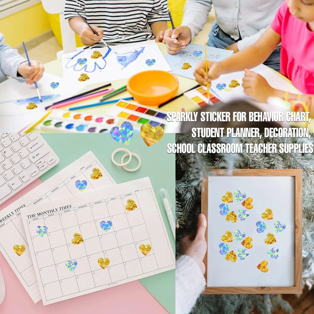 JCAC 10pcs/bag Holographic Glitter Heart Stickers, for Valentine's Day & Love Decoration, Rewards, Scrapbooking, and Crafts