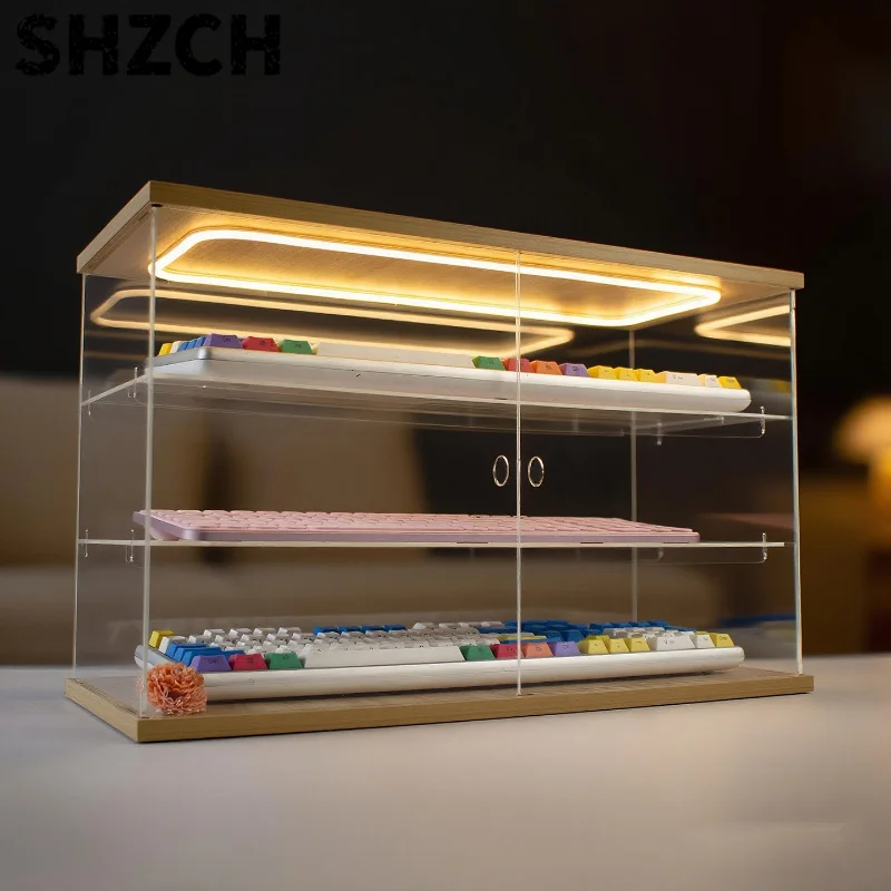 Acrylic Storage Shelf Keyboard Dustproof Display Stand Large Capacity File Organizer Cabinet with Light Sturdy Showcase for Home