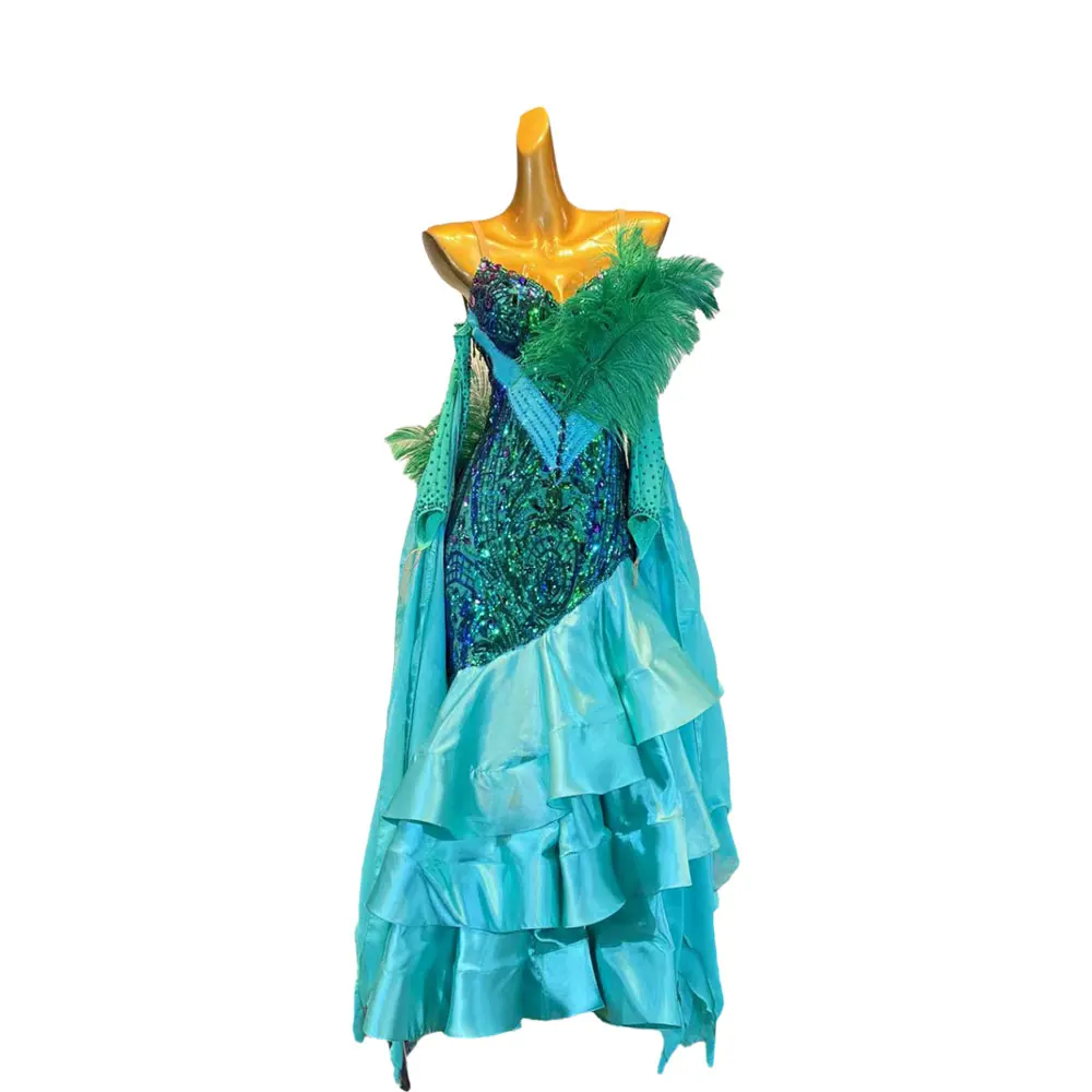 فستان الرقص اللاتيني للبالغين والأطفال، فستان زهري مخصص عالي الجودة من حجر الراين، تنورة كبيرة، ملابس الفالس النسائية الاحترافية