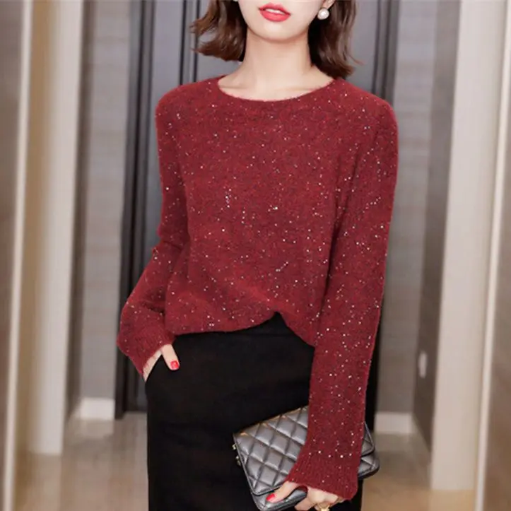 Knitted Sweater New Round Neck Pullover for Women Wearing Loose Korean Style Versatile Sequined Base Sweater