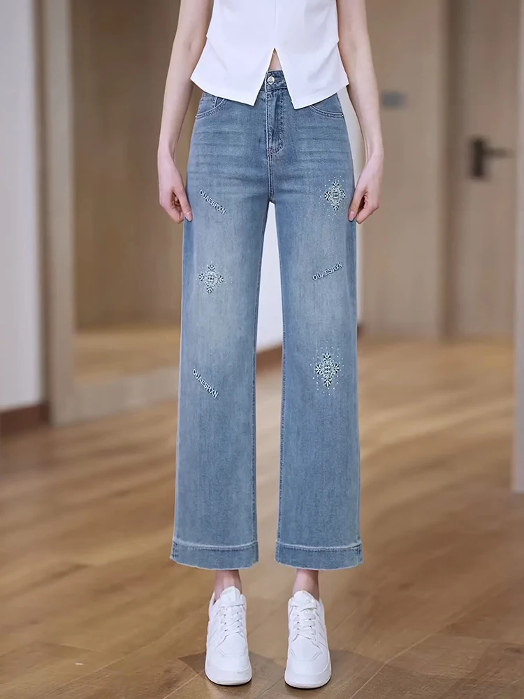 

High Waist Wide Leg Jeans Women's Summer Thin New Small Size Slimming Embroidery Nine Point Straight Leg Jeans Commute Style ...