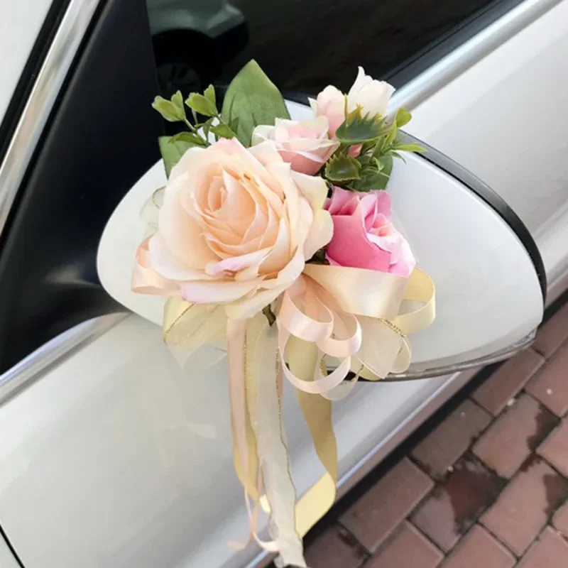 Silk Flower Butterfly Wedding Car Embellishment Decoration Rearview Mirror & Door Handle Adornments for Ceremony Car Decor