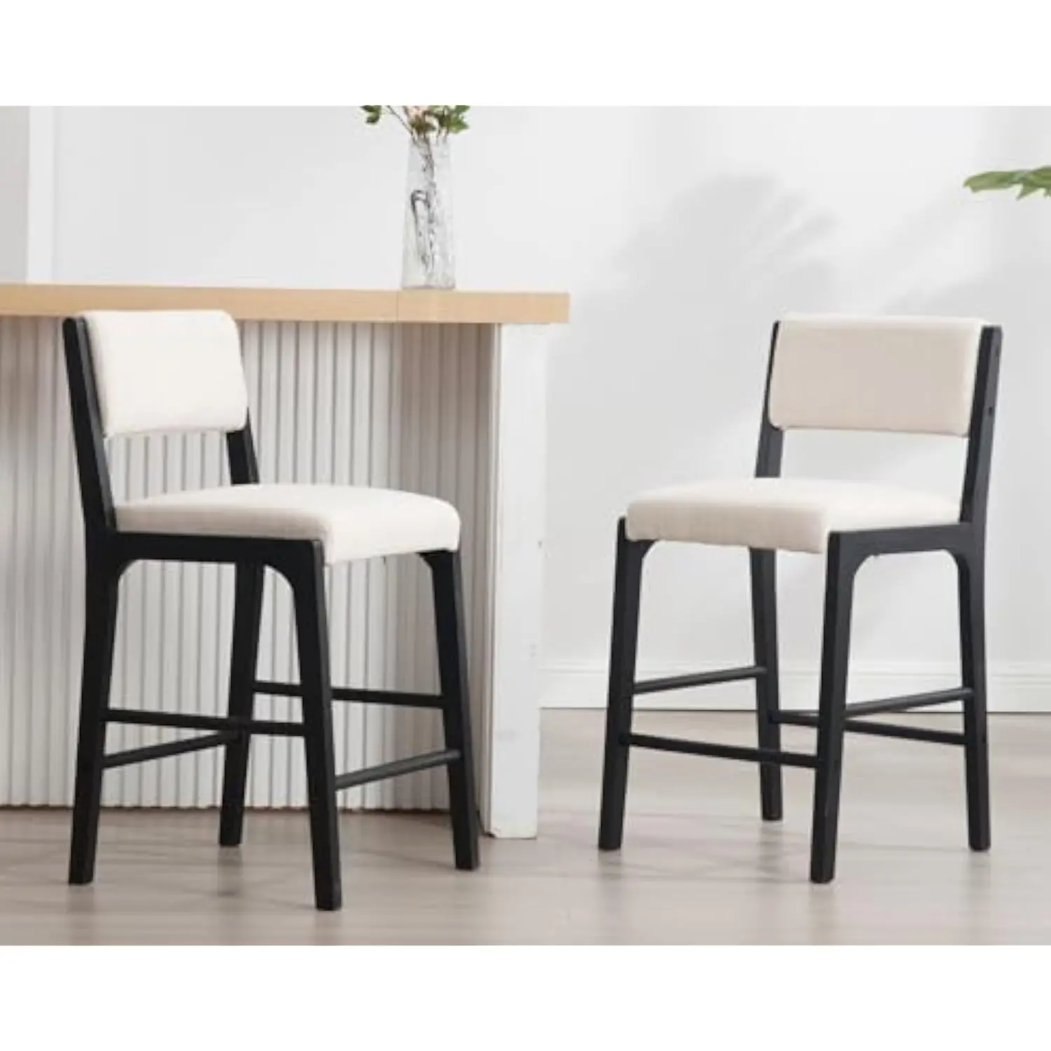 

Upholstered Counter Barstools with Rectangular Cushion Back, Mid-Century Modern Padded Barstools with Black Wood Legs for Home