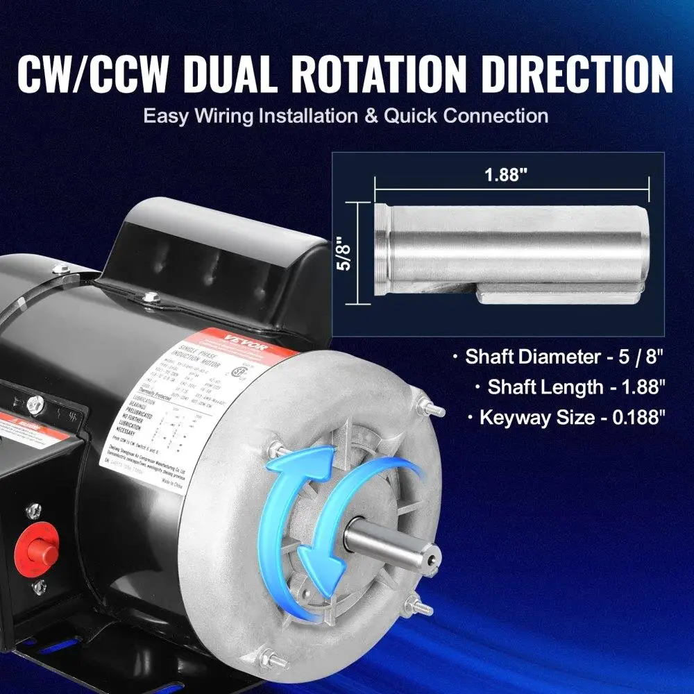 0.7 Electric AC Motor 1725RPM 115V/230V 56 Frame Single Phase Compressor Motor with 5/8 Shaft CW/CCW for Agriculture