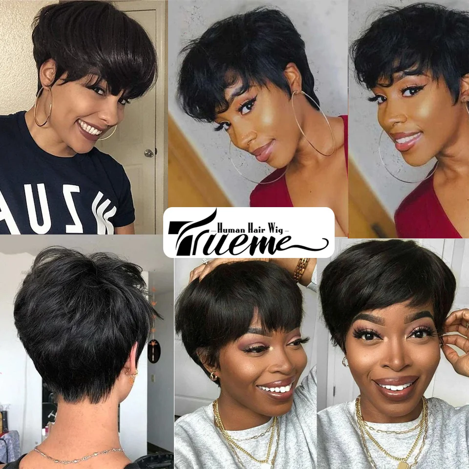 Trueme Short Straight Human Hair Wigs Fashion Pixie Cut Human Hair Wig For Women Brazilian Ombre Brown Red Grey Human Cheap Wigs