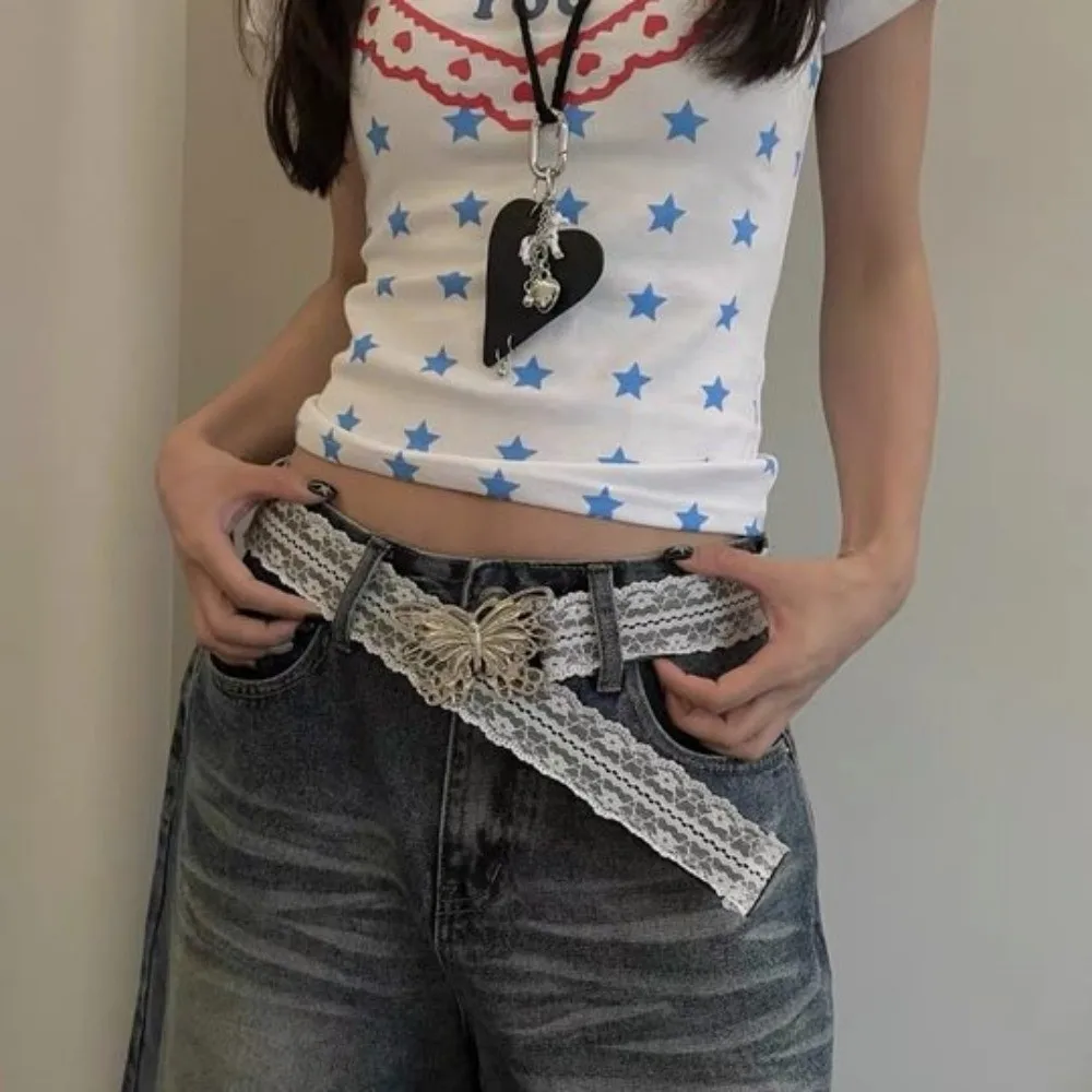 Fashion Korean Style Lace Waistband Elegant Y2K Butterfly Waist Belt Vintage Sweet Dress Jeans Belt Streetwear