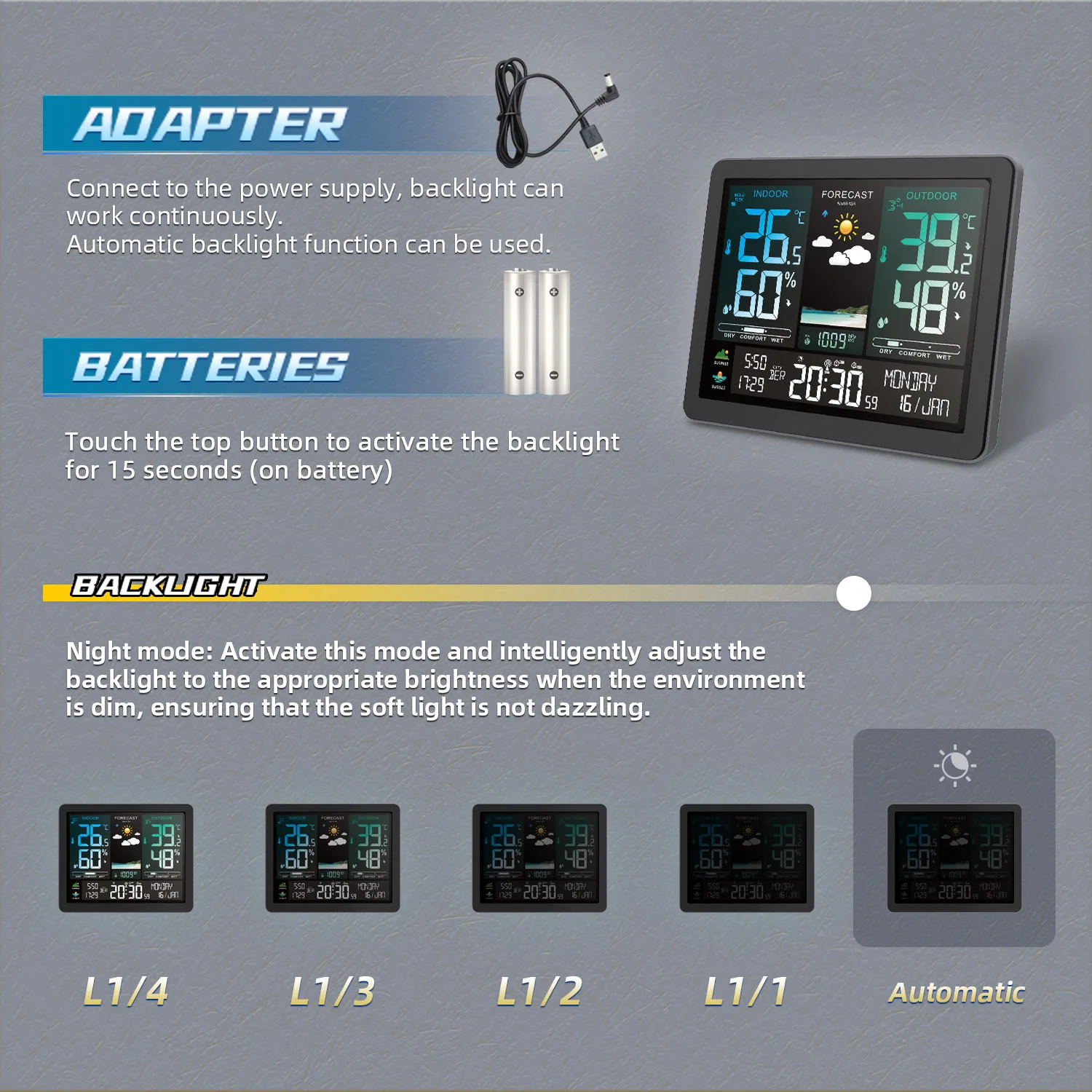 محطة الطقس الإلكترونية الذكية ، شاشة ملونة على مدار الساعة ، درجة الحرارة والرطوبة توقعات الطقس ، المنبه ، 8 لغات #5
