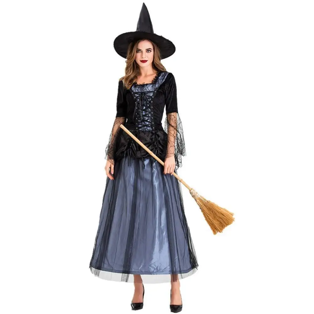 

Black Blue Lace Mesh Dress Witch Costume for Halloween Party Gathering Women's Cosplay Clothing Stage Performance Traditional...