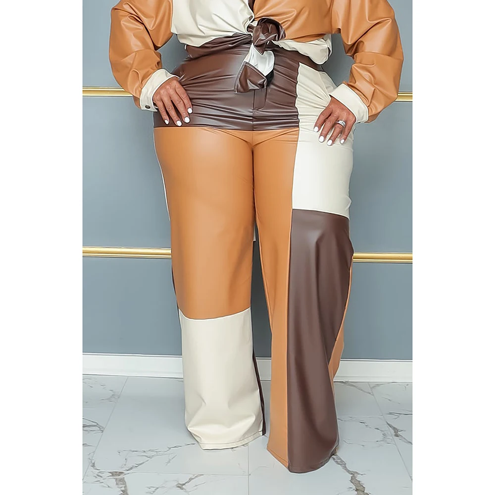 Plus Size Women\'s Pant Suit Brown Tunic Patchwork PU Leather Fashion Commuting Two Piece Pant Suit