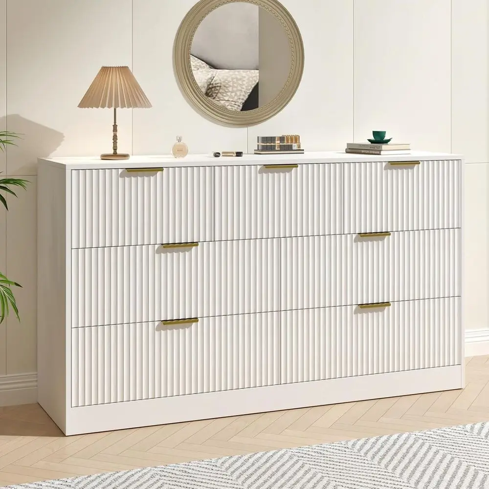 

55 Wide White Lute-Shaped Chest with Gold Handles for Bedroom, Living Spaces, and Hallways