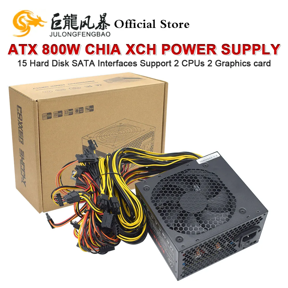 Mining Miner PSU ATX 800W Chia XCH Power Supply HDD SSD 15 Hard Disk SATA Interfaces Support 2 CPUs 2 Graphics Card