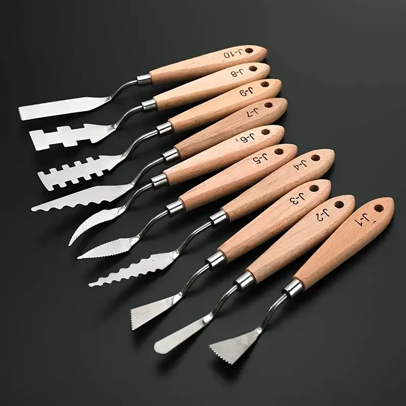 

Набор ножей для мастила, 10 шт., ножи для рисования из нержавеющей стали, набор ножей для рисования поддонов с деревянной ручкой для масляной живописи, акри