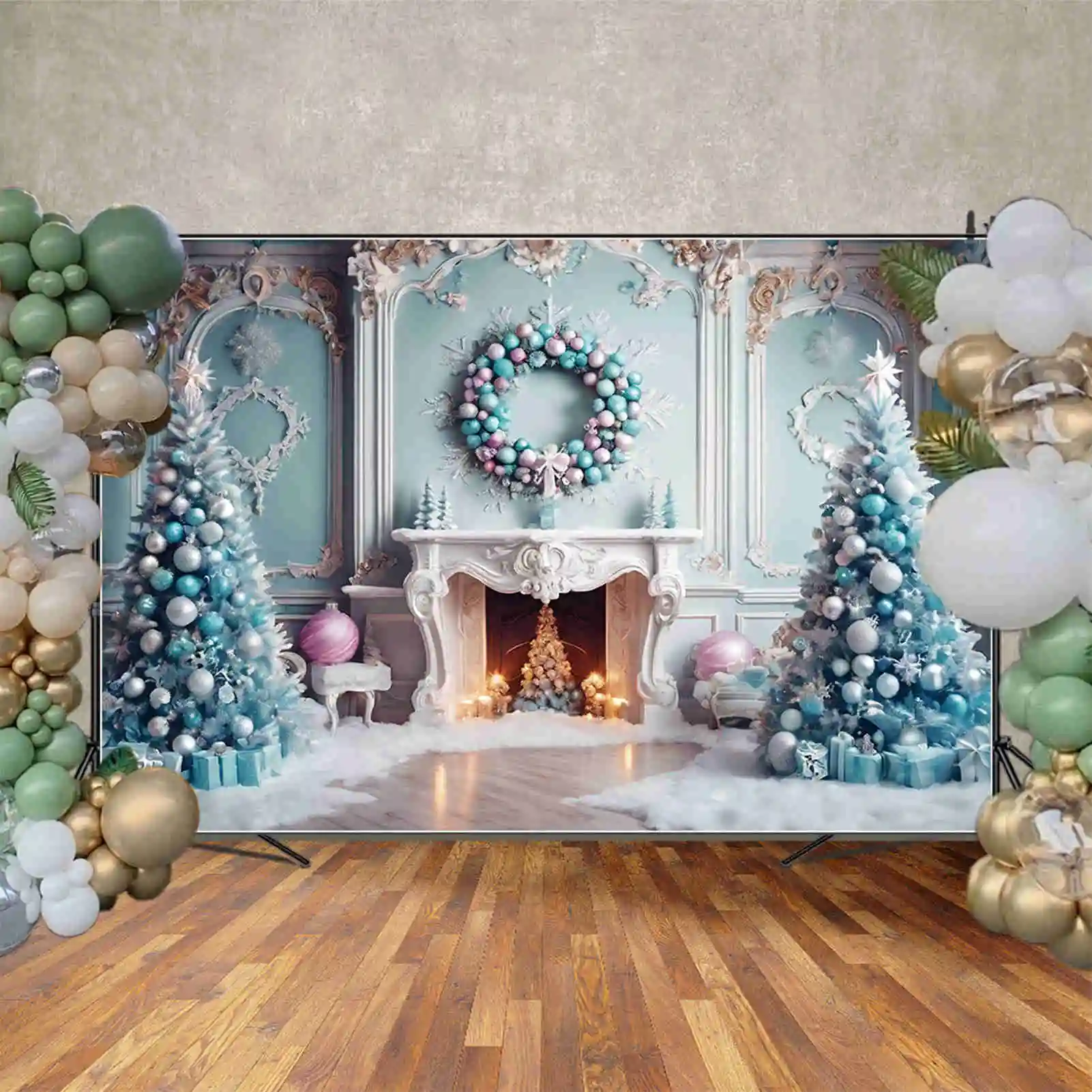 MOON.QG 크리스마스 트리 배경, 거실 빈티지 서양 화환 벽난로 배경, 파티 장식, 포토 존 액세서리