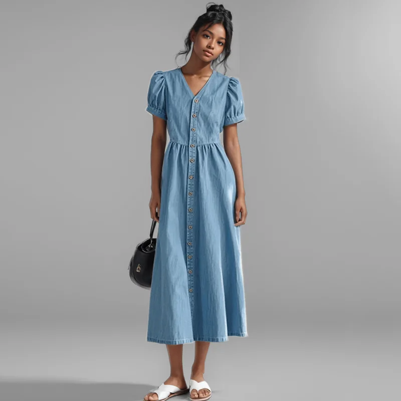 فستان نسائي موضة خريف 2024 من قماش الدنيم الأزرق بأكمام قصيرة فساتين عصرية برقبة على شكل حرف v واحدة الصدر للسيدات