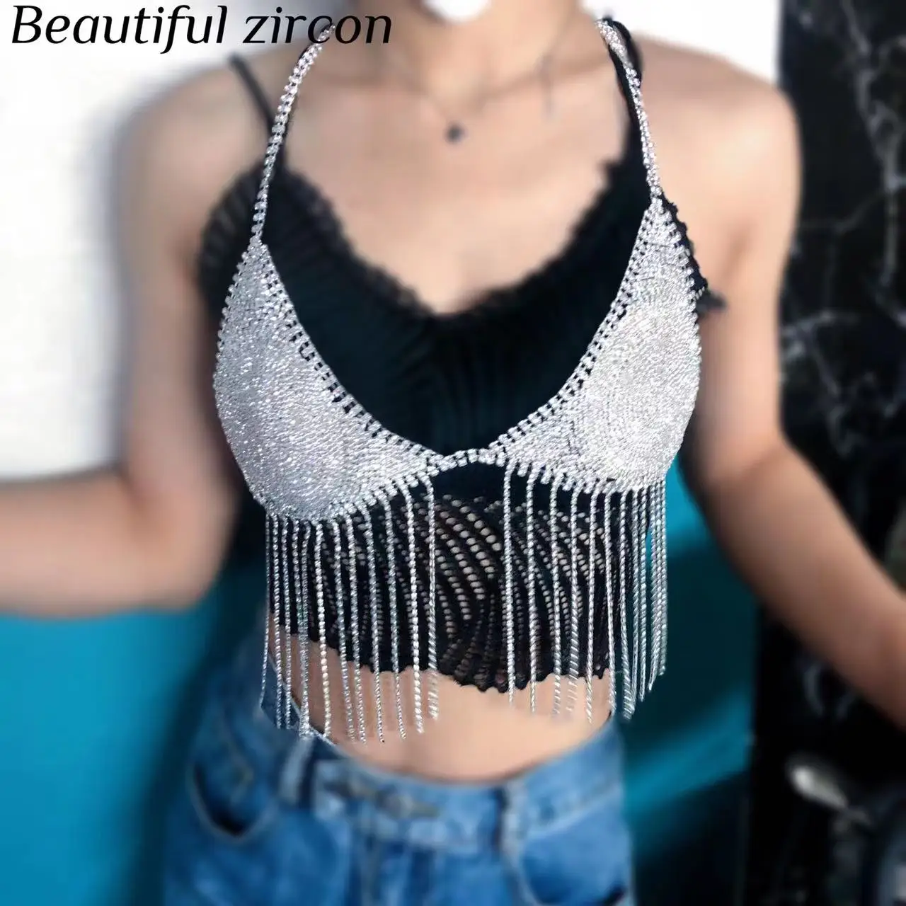 Fashionable women's crystal round tassel bra underwear luxury shiny Rhinestone sexy body chain chest chain exotic jewelry access