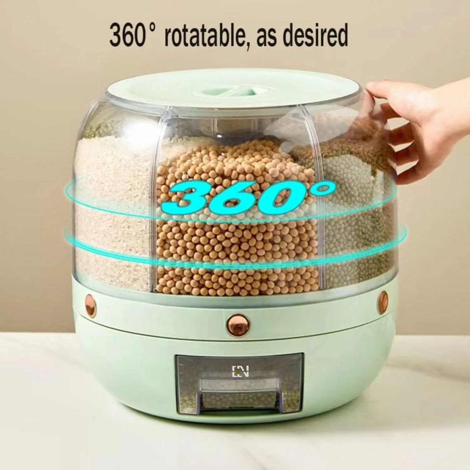 10KG Dry Food Container with Lid, Measuring Cup, Rotatable 6-Compartment Design - Airtight Dispenser for Rice, Flour, Whole Whea