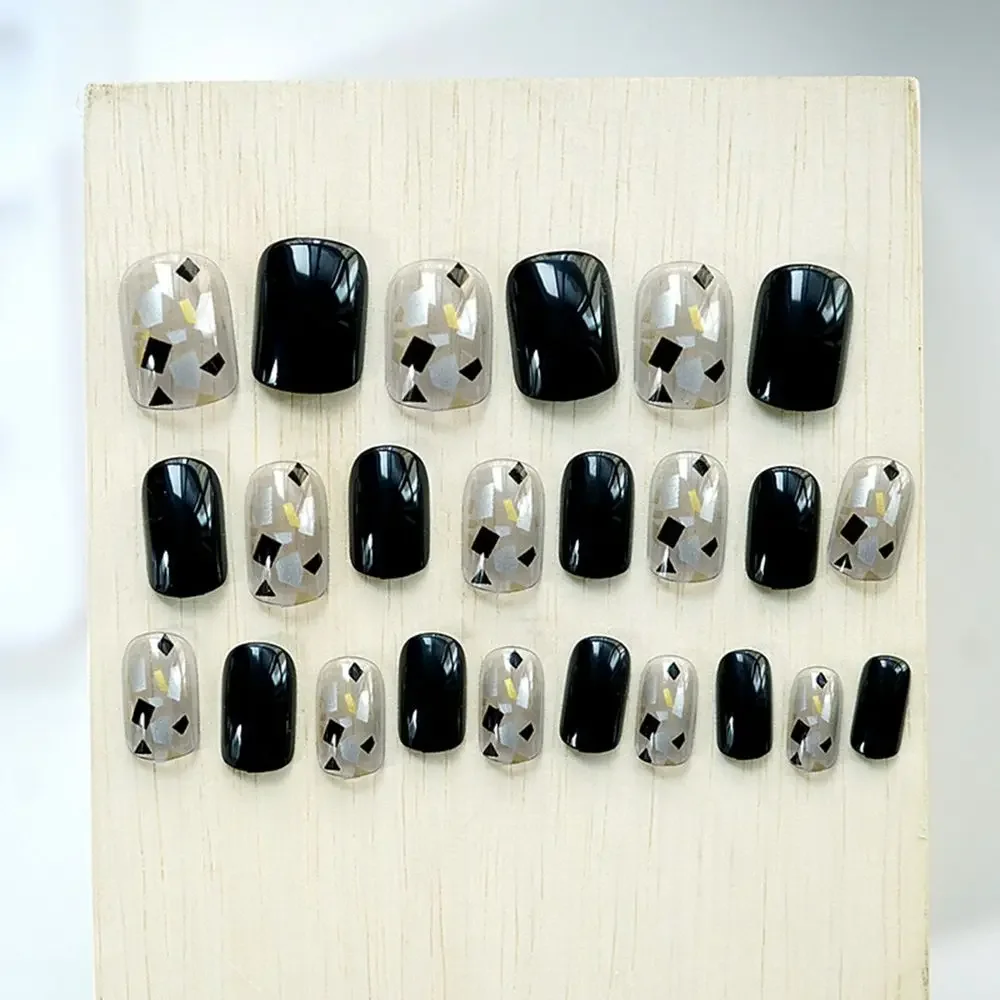 24pcs Square Head Black False Nails With Glue Full Cover Nail Tips Press On Nails