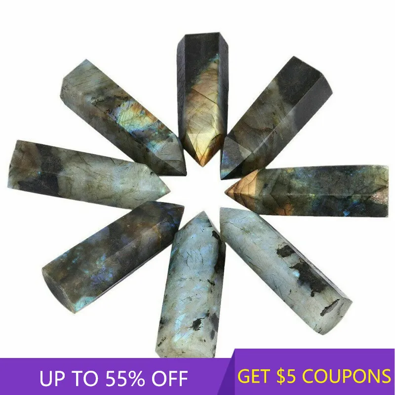 

40-50mm Natural Labradorite Moonstone Quartz Crystal Point Column Hexagonal Wand Obelisk Healing Treatment Stone Craft Ornament