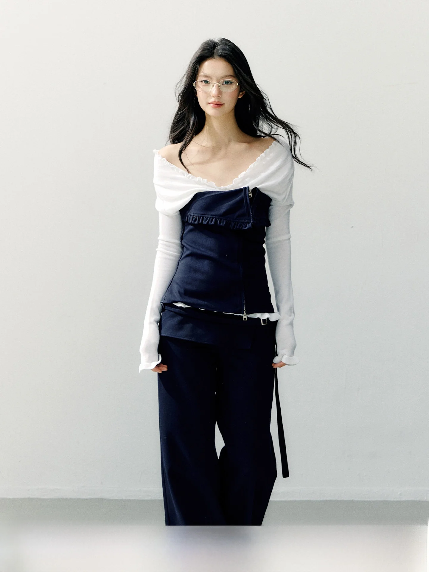 7Shiftin Original Design Detachable Strapless Splice Long Sleeve Waist-Cinching T-Shirt Casual Style Women's Fashion Top