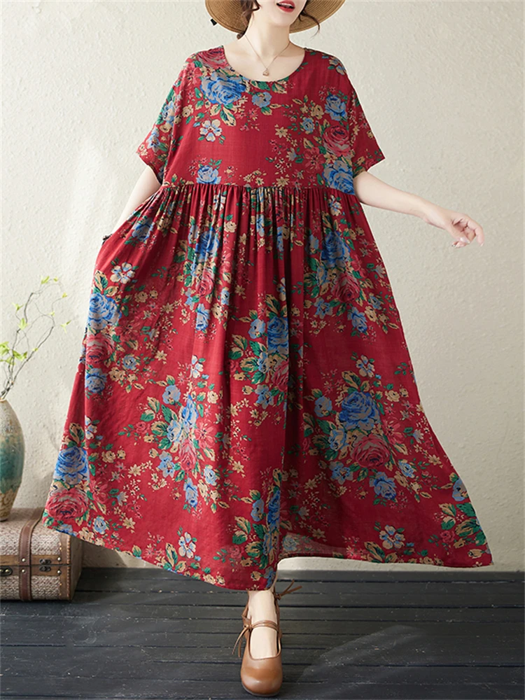 2024 New Summer Cotton Vintage Short Sleeve Print Dresses For Women Casual Loose Long Dress Femme Robe Vestidos Fashion Clothing