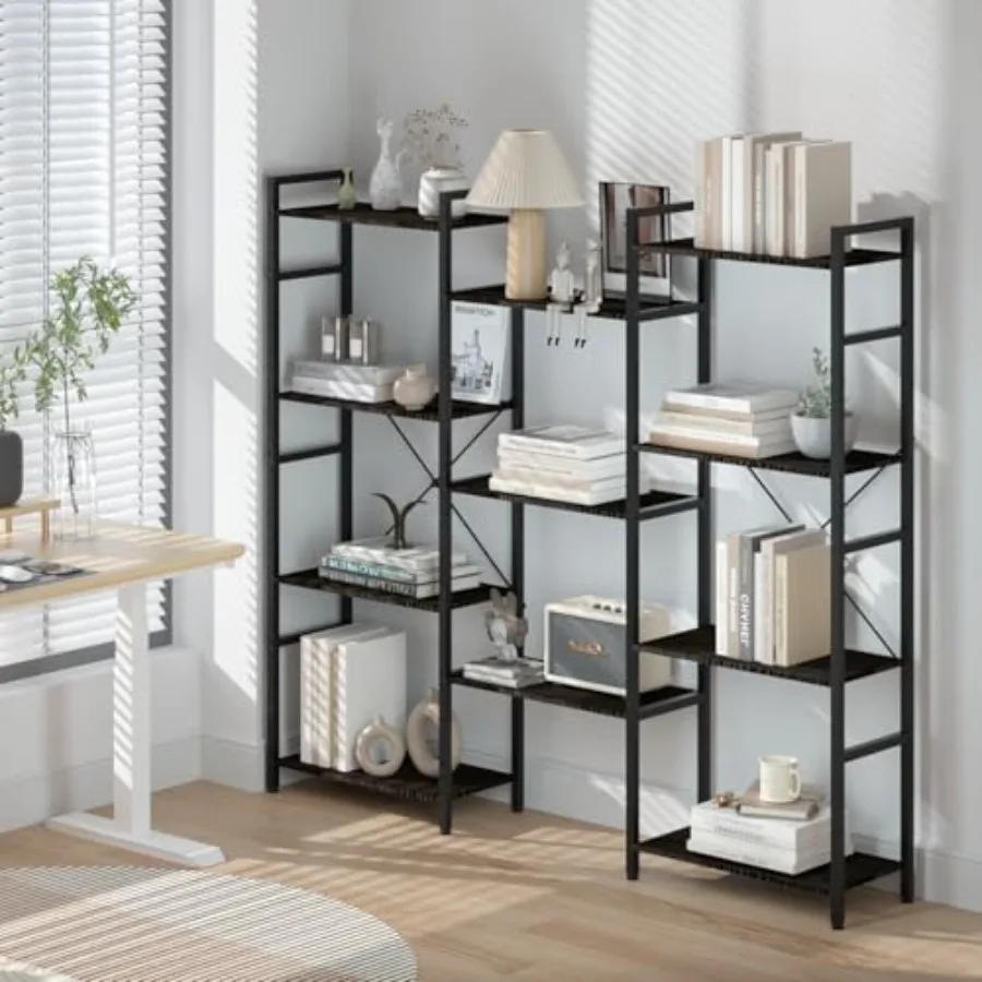 

Triple Wide 4-Tier Industrial Bookshelf - Rustic Brown Wood and Black Metal Bookcase with 11 Open Shelves Adjustable Feet Easy