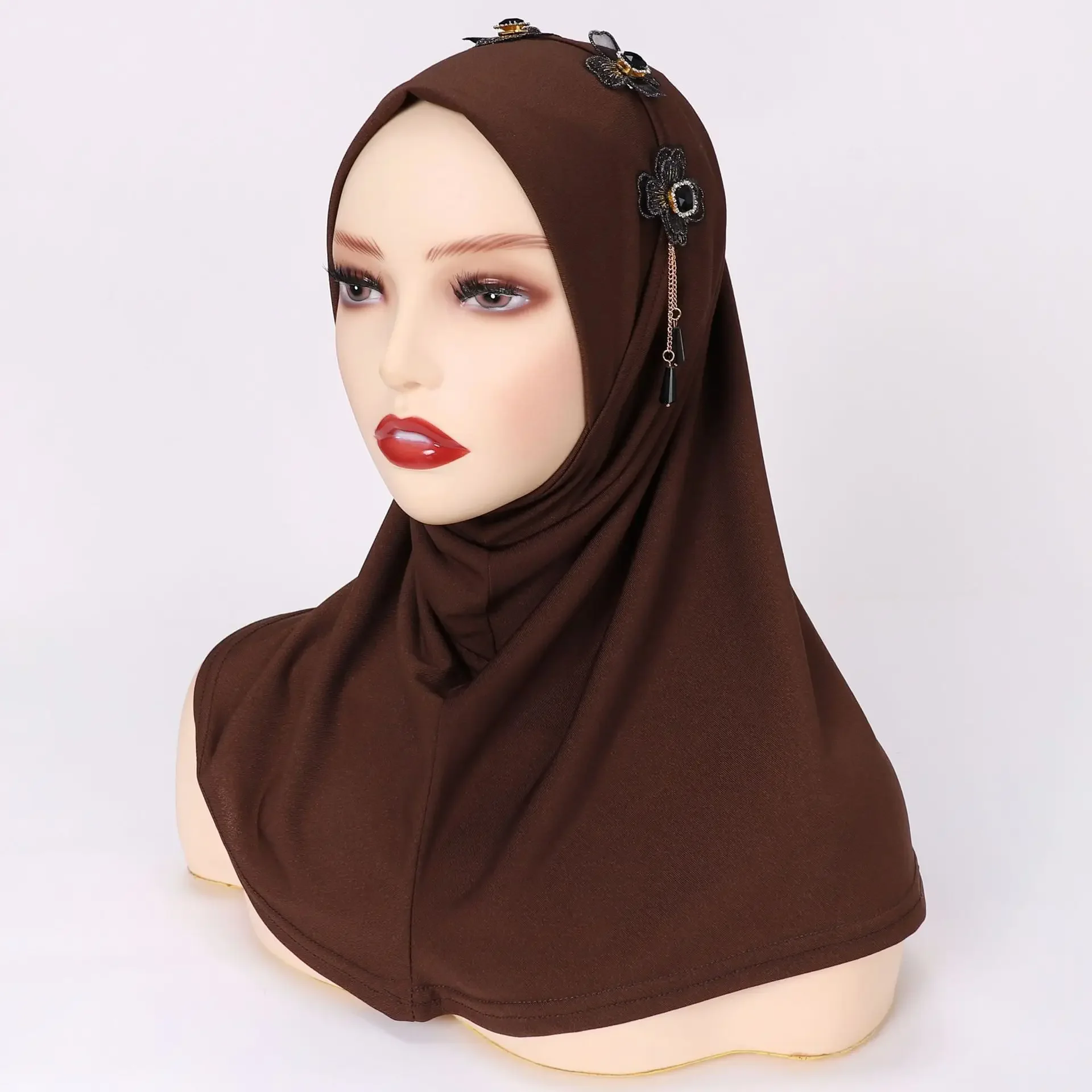 

Flower Crystal Hijab Muslim Women One Piece Amira Islam Shawls Wrap Turban Instant Scarf Head Cover Pull On Ready Made To Wear