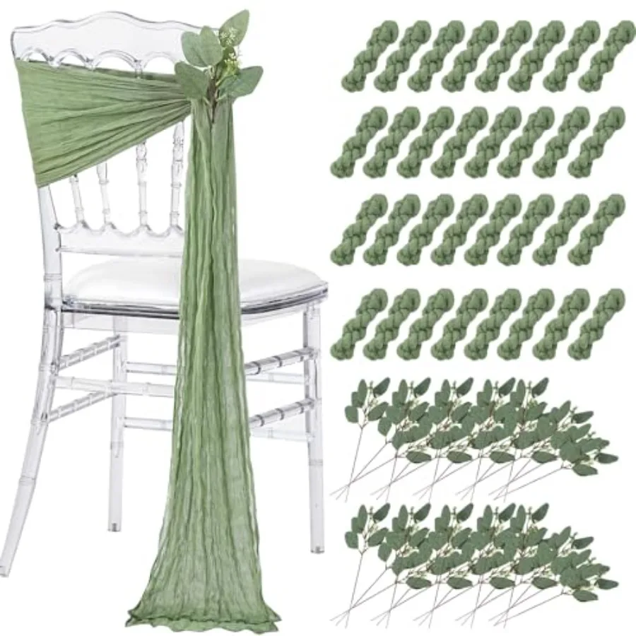 

Wedding Chair Sashes: 32 Packs Cheesecloth Chair Cover with Artificial Eucalyptus - Reception Party Hotel Aisle Decoration