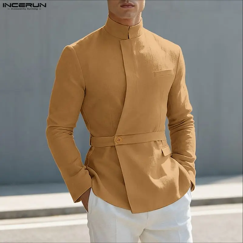 INCERUN قميص رجالي بلون سادة وياقة واقفة وأكمام طويلة وأزرار ملابس رجالية قطنية ملابس خروج عصرية قمصان رجالي غير رسمية