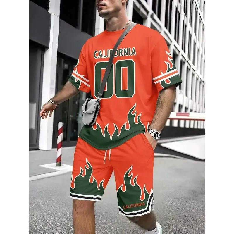 2025 Summer New Men's 3D Printed Casual Fashion Lightweight Breathable Outdoor Short Sleeved Shorts Set