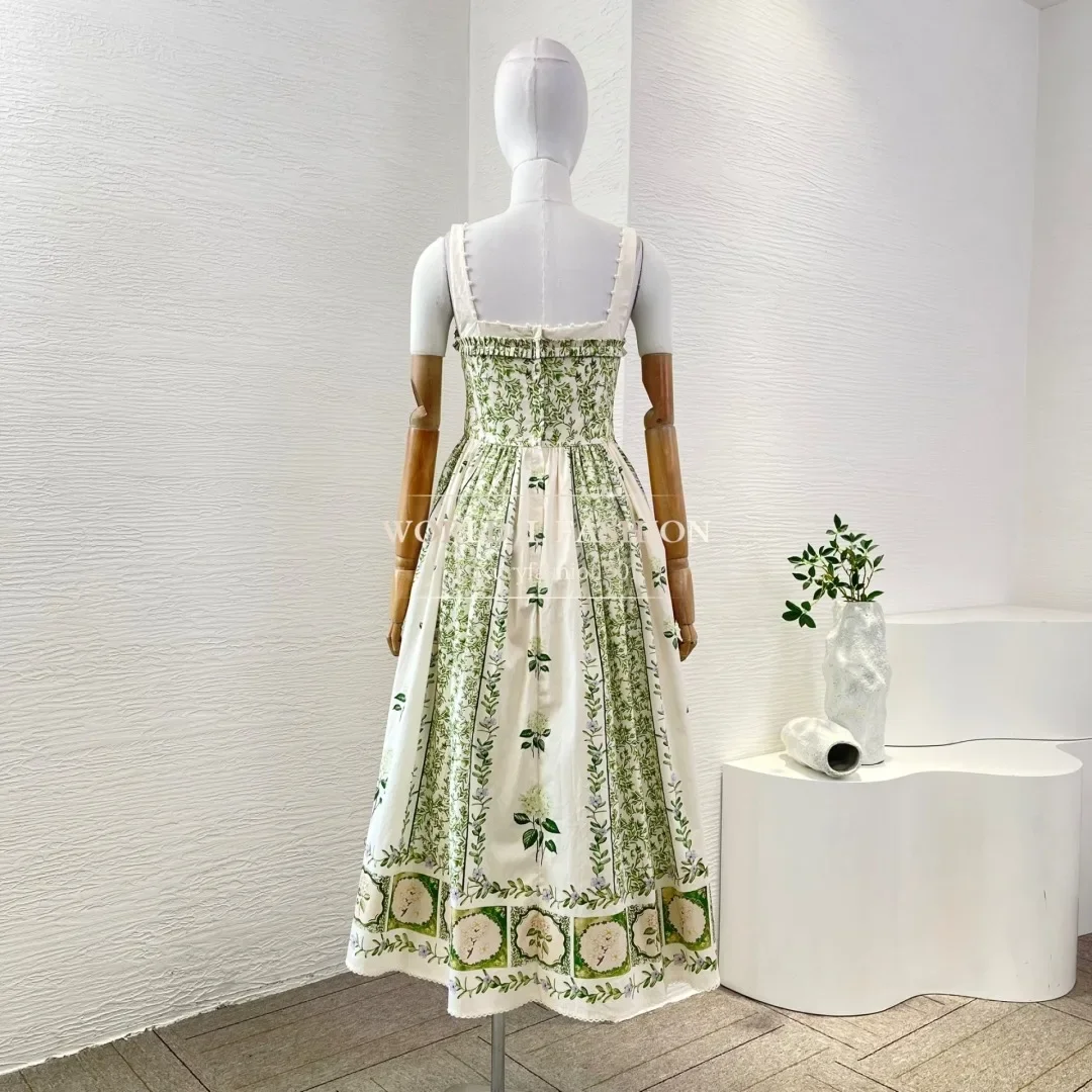 2025 Nuevo vestido midi plisado sin mangas con estampado de rosas verdes y flores delicadas