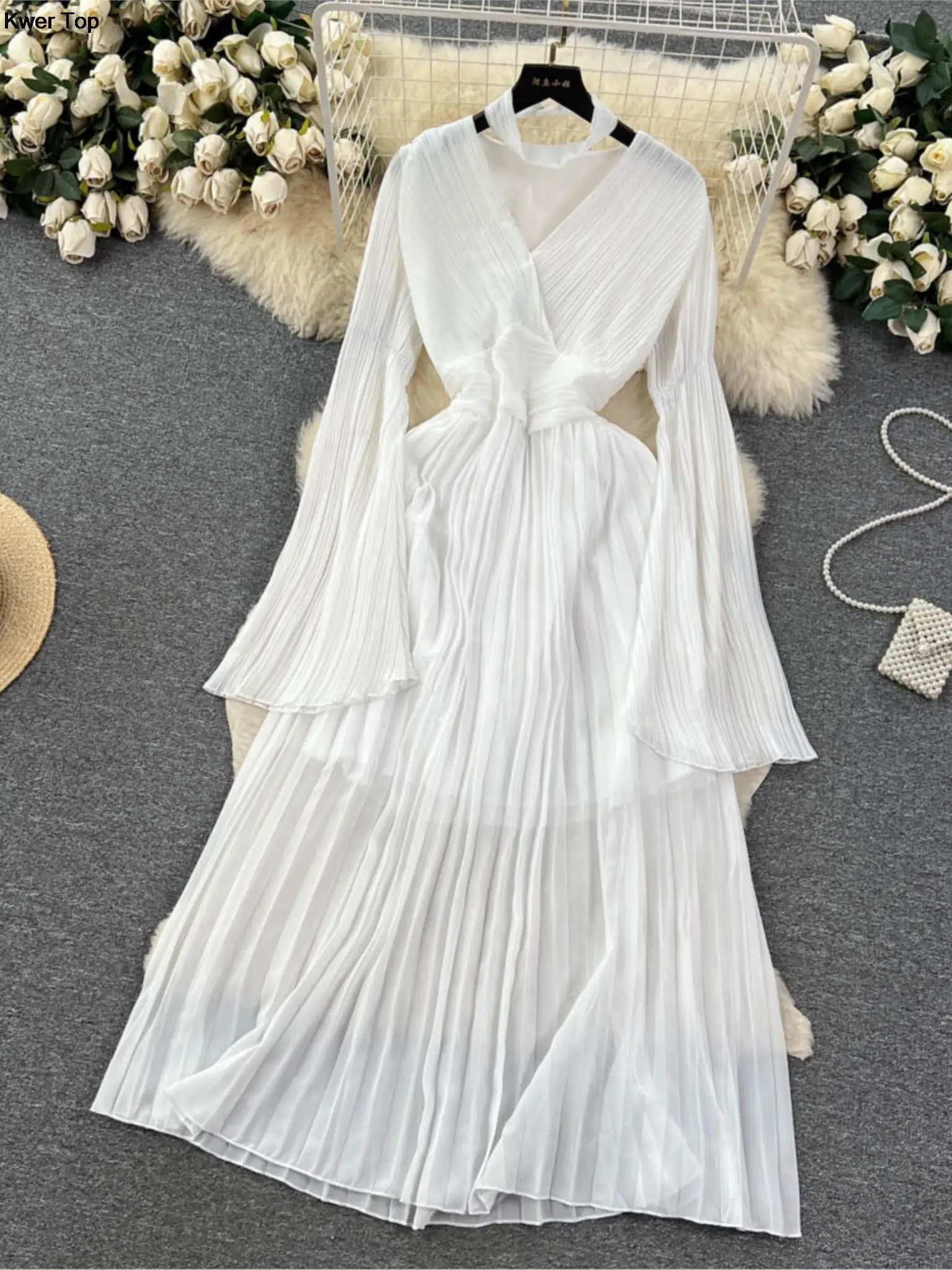 Spring New Fashion White Pleated Evening Party Long Dress Women French Elegant V-neck Slim Waist Robe Female Summer Clothing