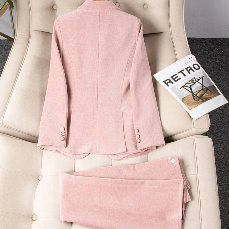 Элегантный осенне-зимний толстый вельветовый комплект из брюк для женщин, комплект из 2 предметов, одинаковые комплекты, винтажный пиджак на одной пуговице, брючные костюмы