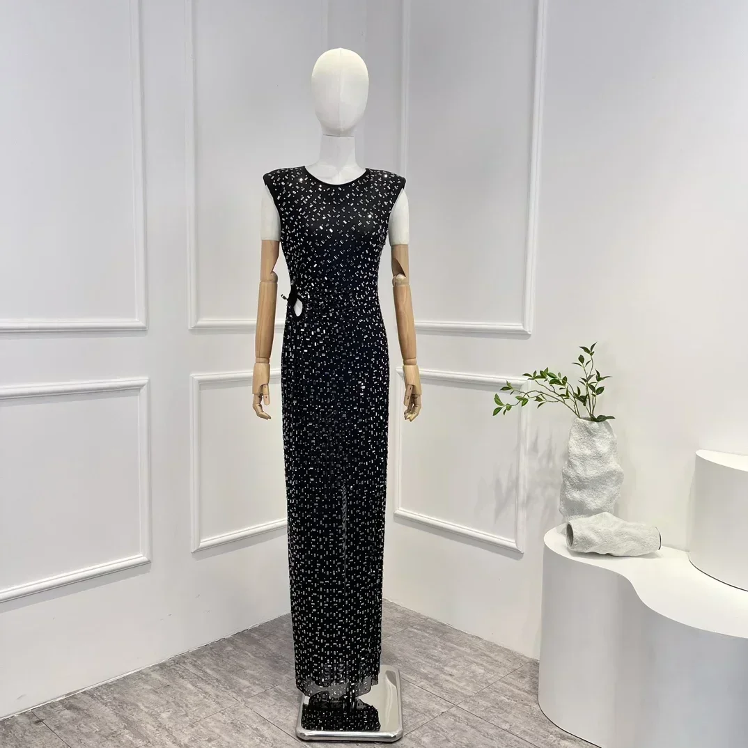 2023 nueva colección de alta calidad negro sin mangas Cyst Out cintura mujeres elegante vestido largo ajustado para fiesta