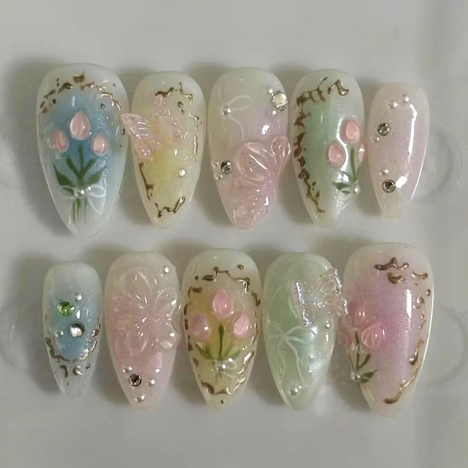 24 piezas de set de uñas postizas de longitud media, doradas, en forma de almendra, con flores 3D, degradado rosa, cobertura completa, con perlas, reutilizables 6