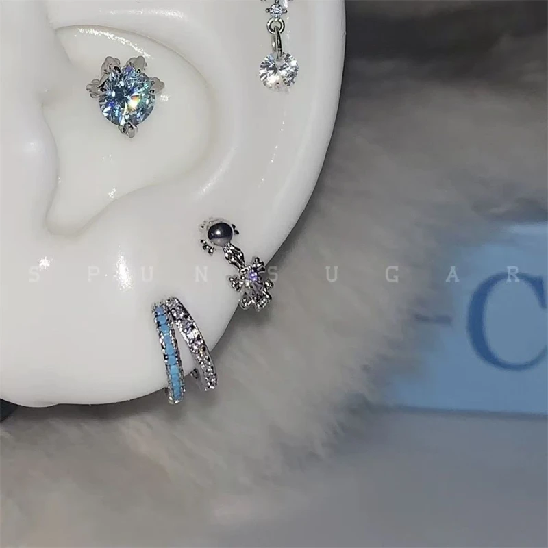 Y2K Shiny Blue Zircon Cross Stainless Ateel Ear Bone Nail for Women 2025 New Fashion Small Earrings Cochlea Accessories