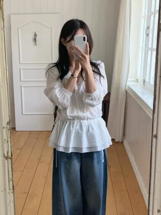 Chic Drawstring Slimming Long Sleeve Blouse with Lace Trim Korean Style Women's Fashion Spring Autumn Winter Casual Wear