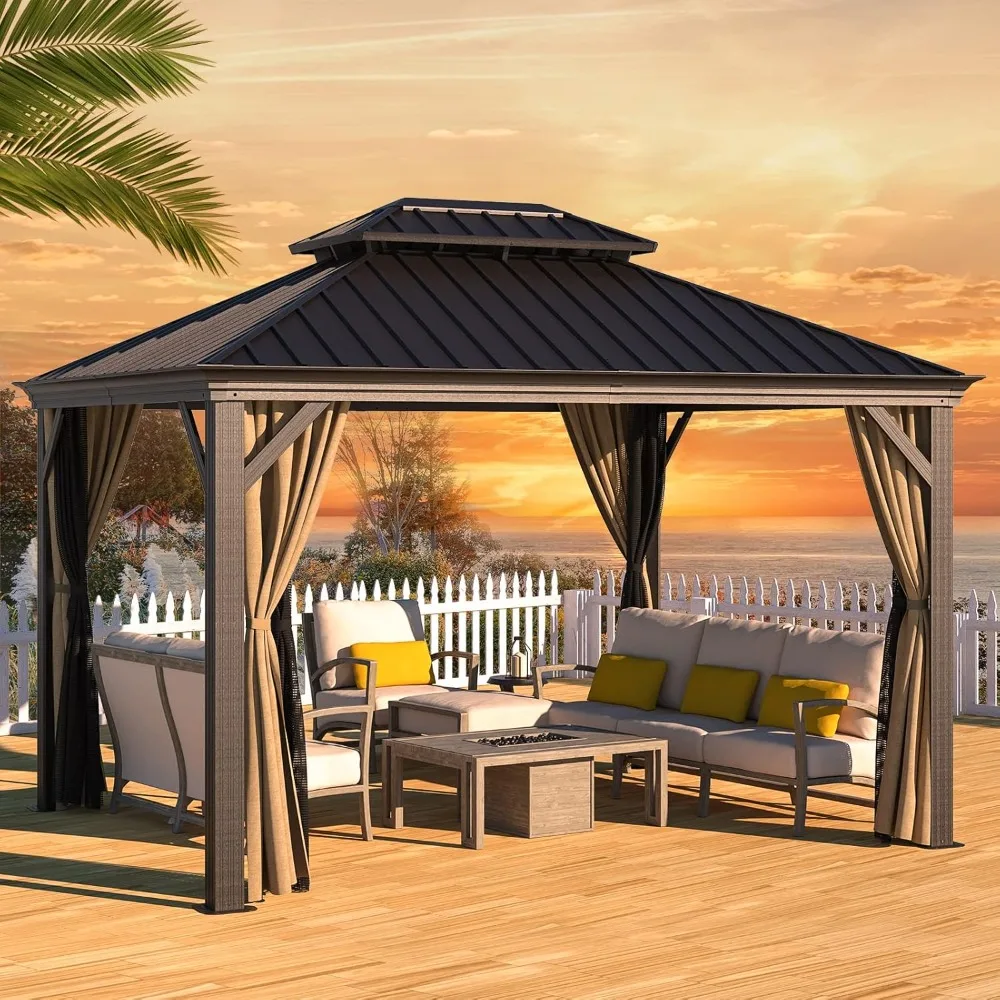 Gazebo 10' x 12' with Mosquito Net and Privacy Sidewalls, Patio Aluminum Permanent Gazebo, All Weatherproof Outdoor Hardtop Meta