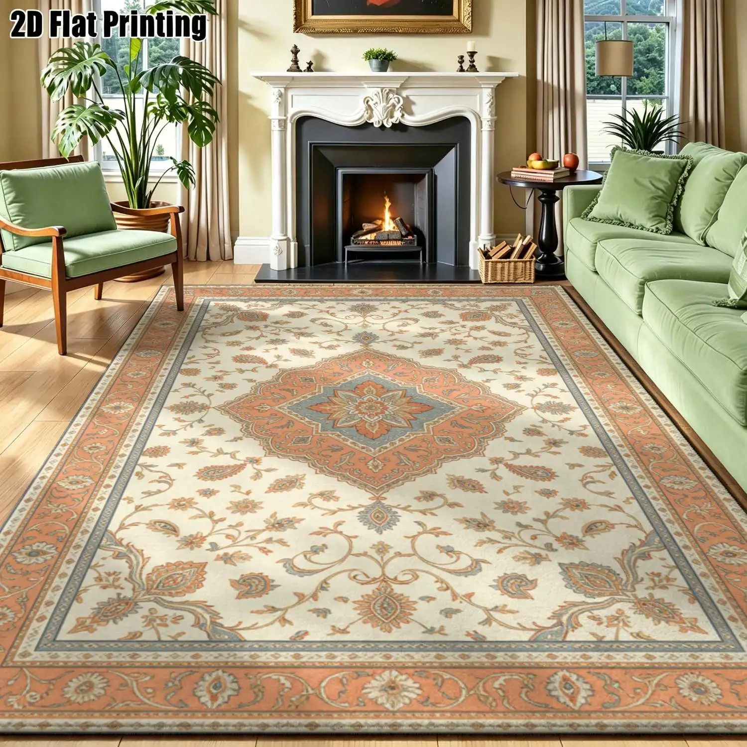 1Pc 2D Printed Carpet: Warm Brown Retro Scrolling Flower, European Style, Machine Washable, Multi-Size, Multi-Scene Home Decor