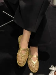 Net flat fashion sandals new summer round head breathable non-slip line button Mary Jane fishnet shoes ladies shoes
