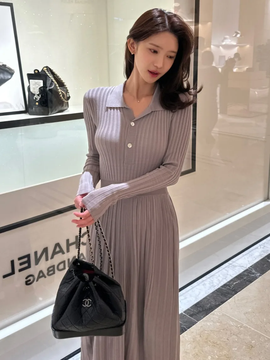 

Вязаная плиссированная юбка в полоску для женщин, облегающая, длинная, осенняя новинка, для офиса, средней мягкости, с длинными рукавами